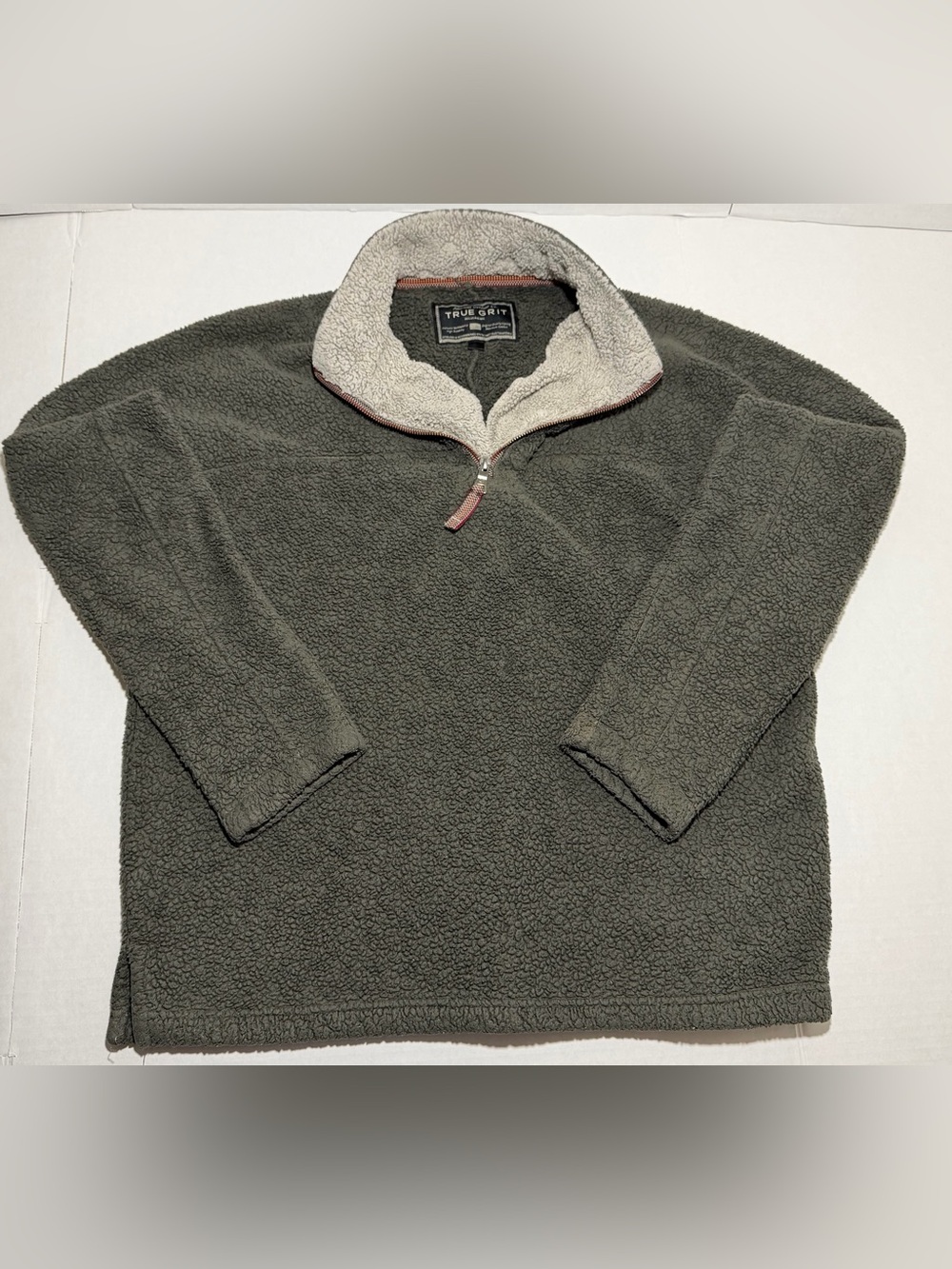 True Grit Men’s Olive Green Sherpa Zip Pullover with Cream Collar